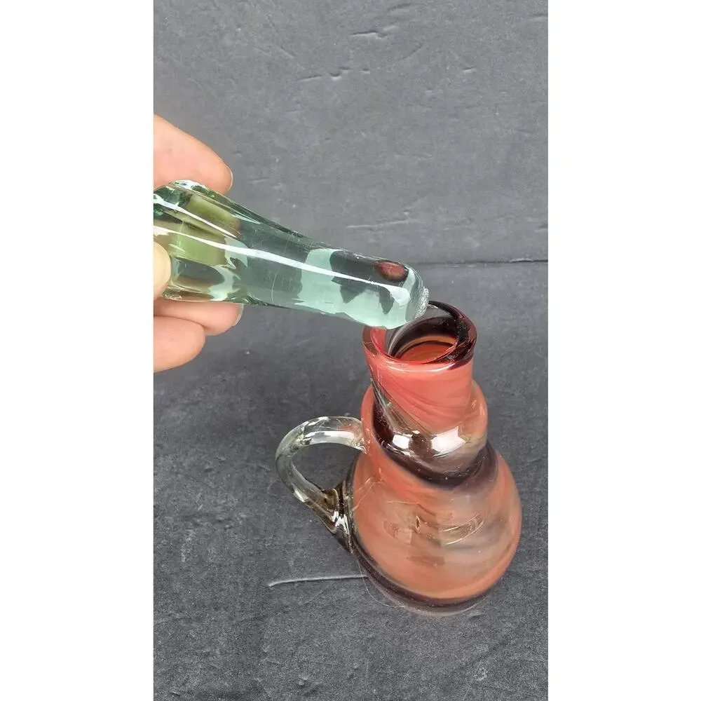 Hand Blown Studio Art Glass Handled Cruet Bottle w/ Stopper Swirl Green Mini